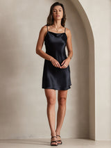 [Black] Black mulberry silk spaghetti strap cowl neck short dress on model 005