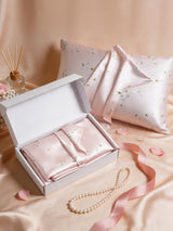 Pink floral mulberry silk pillowcase in gift box with satin sheen
