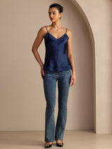 [Dark Blue] Navy lace-trim camisole in a full front view, with one hand at her hip and feet together. 006