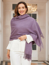 [Purple] muted purple rectangular shawl with fringed edges, styled front view, draped broadly around the shoulders. 002