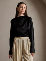 [Black] SilkSilky  Long Sleeve Boat Neck Women's Blouse 001