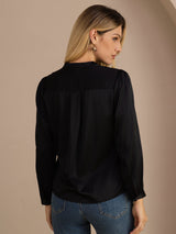 [Black] SilkSilky  Long Sleeve Wrap Women's Blouse 002