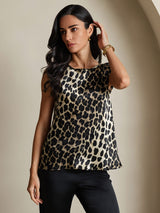 [Leopard] Leopard print 19Momme silk cap sleeve round neck women's top with black pants 004
