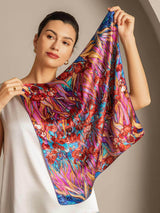 [P095] Model holding colorful floral 100% Mulberry silk square scarf in pink, blue and red 005
