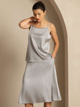[Griffin Gray] Light gray silk spaghetti strap camisole with round neck and matching skirt 006