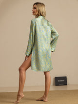 [Green Leopard] Rear studio view of a model wearing a mint-green leopard-print long-sleeve shirt dress. 002