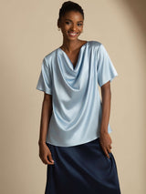 [Grayish Blue] Light blue silk cowl neck short sleeve top with loose drape 004