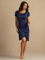 [Dark Blue] SilkSilky  Short Sleeve Round Neck Nightgown 007