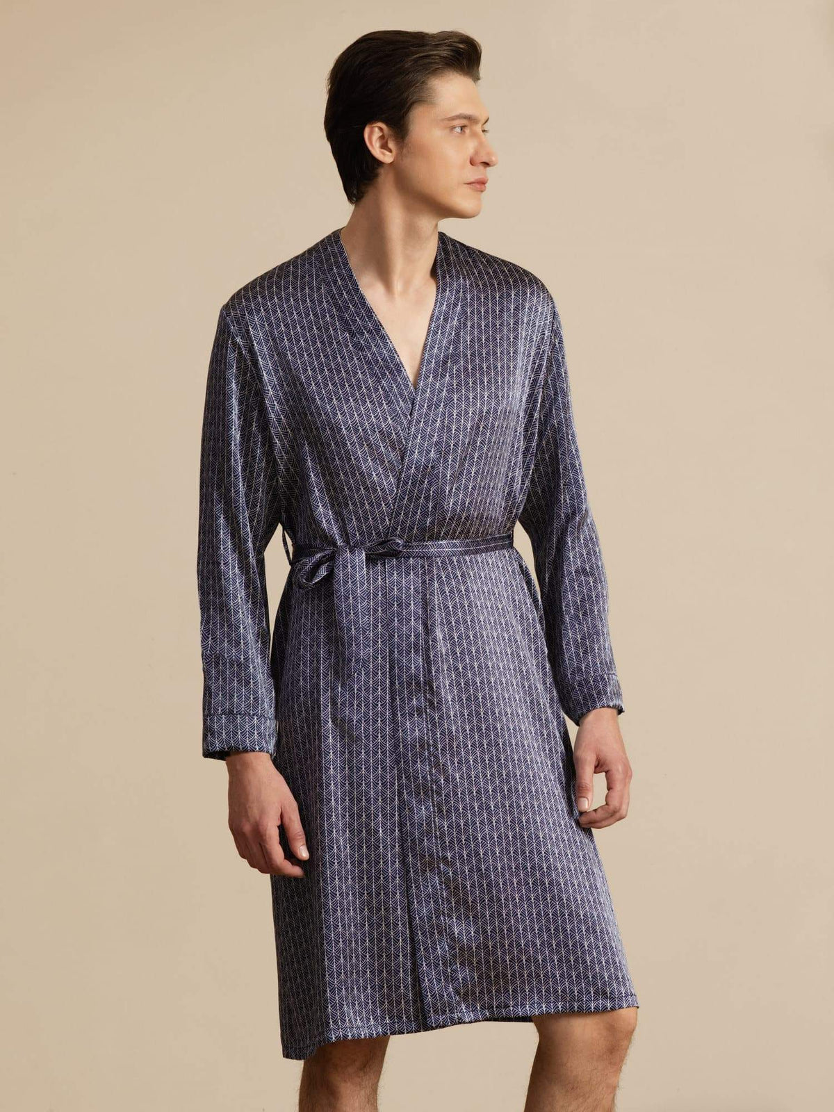 [Navy Ginkgo] Men’s knee length mulberry silk robe with ginkgo print and belted wrap design 001