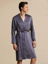 [Navy Ginkgo] Men’s knee length mulberry silk robe with ginkgo print and belted wrap design 001