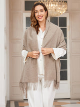 [Dark Khaki] dark khaki rectangular shawl with fringed edges, styled front view, fringed ends down the front. 001