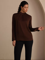 [Tan] SilkSilky Long Sleeve Stand Collar Women's Blouse 001