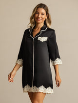 [Black] SilkSilky  Half Sleeve Lapel Collar Nightshirt 007