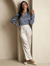 [Navy Stripe] SilkSilky  Long Sleeve Lapel Collar Women's Shirts 008