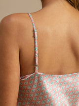 [Pink Heart Geo] Back view of geometric print silk camisole with adjustable spaghetti strap 006