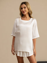[White] Woman wearing white mulberry silk short sleeve round neck sleep tee 003