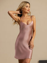 [Pale Mauve] SilkSilky  Spaghetti Strap V Neck Nightgown 001