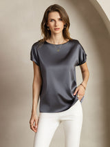 [Dark Gray] Model wearing dark gray silk short sleeve boat neck top with loose fit 004