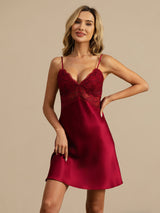 [Wine] SilkSilky  Spaghetti Strap Deep V Neck Nightgown 007