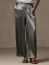 [Dark Gray] Gray mulberry silk wide-leg pants with elastic drawstring waist and side pockets 001