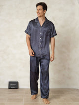 [Navy Ginkgo] SilkSilky  Short Sleeve Lapel Collar Men's Pajamas 005