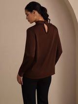 [Tan] SilkSilky Long Sleeve Stand Collar Women's Blouse 002