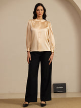 [Champagne] Champagne round-neck lantern-sleeve blouse in a full front view with arms down and feet together. 006