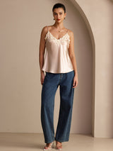 [Pink] Full-length front view of a pale blush pink silk camisole with spaghetti straps and floral lace at the V neckline 006