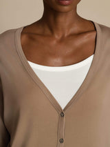 [Tan] Close studio view of a model wearing a beige button-front cardigan, white camisole, and dark brown maxi skirt. 005