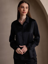 [Black] Black silk long sleeve lapel collar women's shirt with concealed button placket 004
