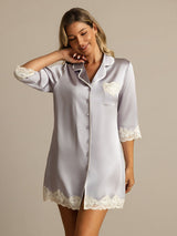 [Lavender] SilkSilky  Half Sleeve Lapel Collar Nightshirt 003