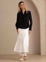 [Black] SilkSilky Long Sleeve Tie Neck Women's Blouse 006