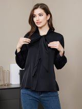 [Black] SilkSilky  Long Sleeve Tie Neck Women's Shirts 005