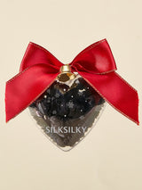[Black] Black silk scrunchies in a clear heart ornament with red bow and gold bell, SilkSilky 001