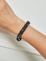 [Black] Black printed skinny silk scrunchie bracelet on wrist 001