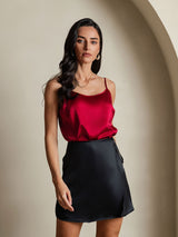 [Black] Black silk A-line mini skirt with tie waist worn with red satin camisole 003