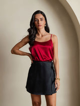 [Black] Black silk A-line mini skirt with tie waist on model 004