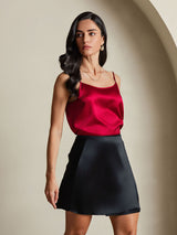[Black] Black silk A-line mini skirt with tie waist worn with red camisole 006