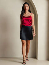 [Black] Model wearing black silk A-line wrap mini skirt with tie waist 007