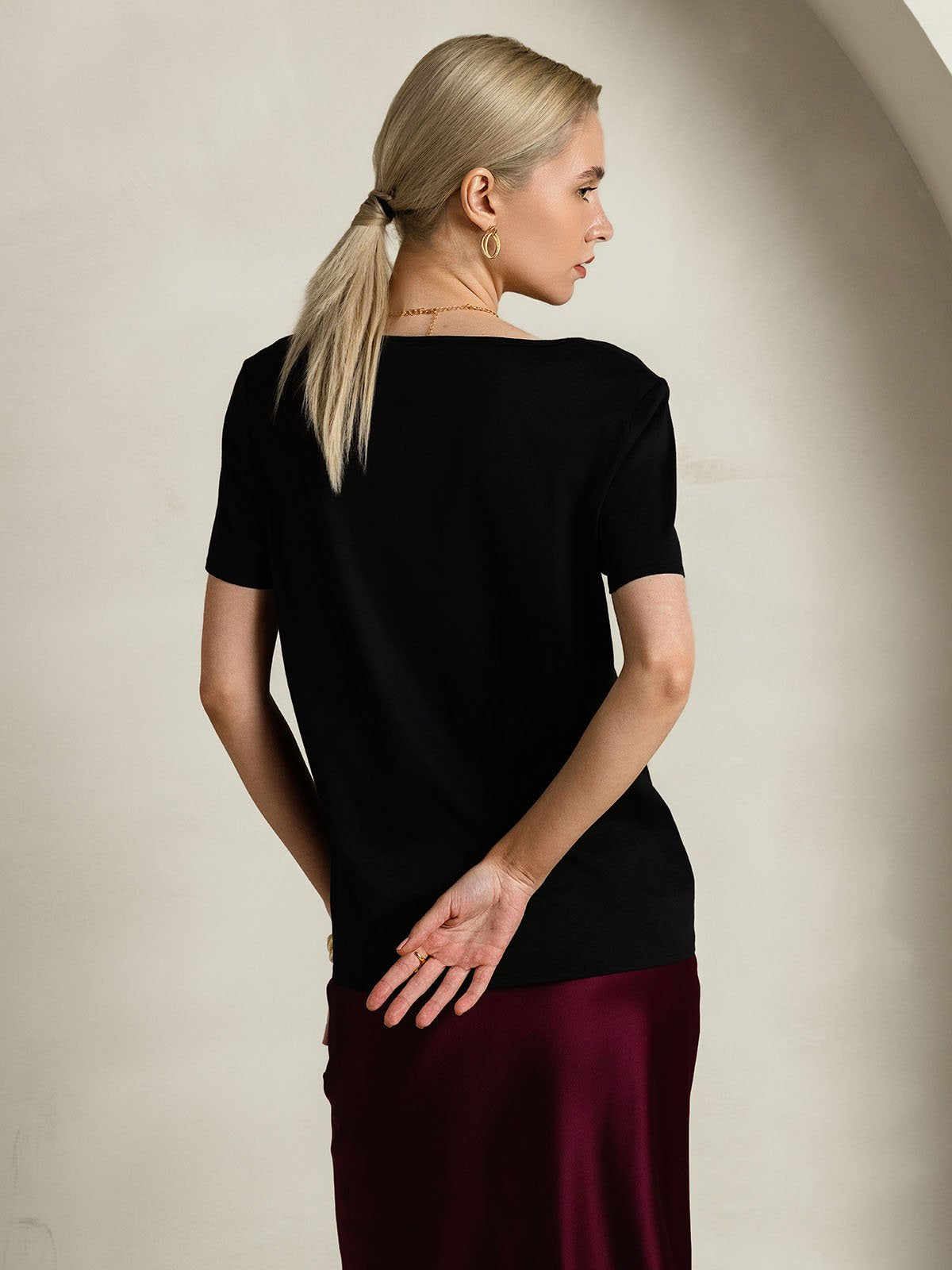 [Black] SilkSilky  Short Sleeve V Neck Women's T-Shirt 002