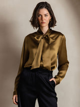 [Brown] SilkSilky  Long Sleeve Tie Neck Women's Blouse 003