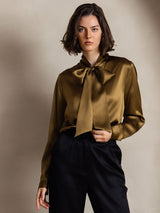 [Brown] SilkSilky  Long Sleeve Tie Neck Women's Blouse 004