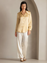 [Champagne] Champagne silk long sleeve button-up shirt with relaxed fit 006