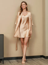 [Champagne] champagne beige slim-strap nightdress with matching 3/4-sleeve robe, full front view, robe held open. 001
