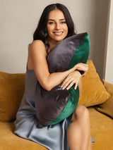 [DarkGreen+DarkGray] Dark green and dark gray two-tone 19 Momme Mulberry silk pillowcase held on sofa 003