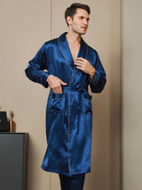 [Dark Blue] Men's dark blue mulberry silk robe with lapel collar and belt 001