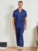 [Dark Blue] Men's dark blue pure silk pajama set with piping trim, short-sleeve top and pants 001