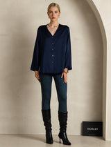 [Dark Blue] SilkSilky  Long Sleeve V Neck Women's Blouse 006
