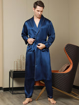 [Dark Blue] Dark blue mulberry silk shawl collar men's robe with contrast piping and belt 006