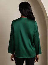 [Dark Green] SilkSilky  Long Sleeve V Neck Women's Blouse 002